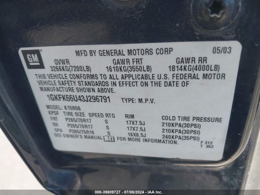 2003 GMC Yukon Xl 1500 Denali VIN: 1GKFK66U43J296791 Lot: 39809727