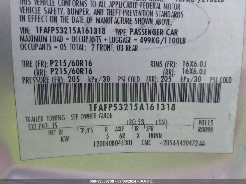 2005 Ford Taurus Se VIN: 1FAFP53215A161318 Lot: 39809730