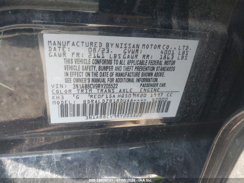 2024 Nissan Sentra Sv VIN: 3N1AB8CV9RY205522 Lot: 39809731