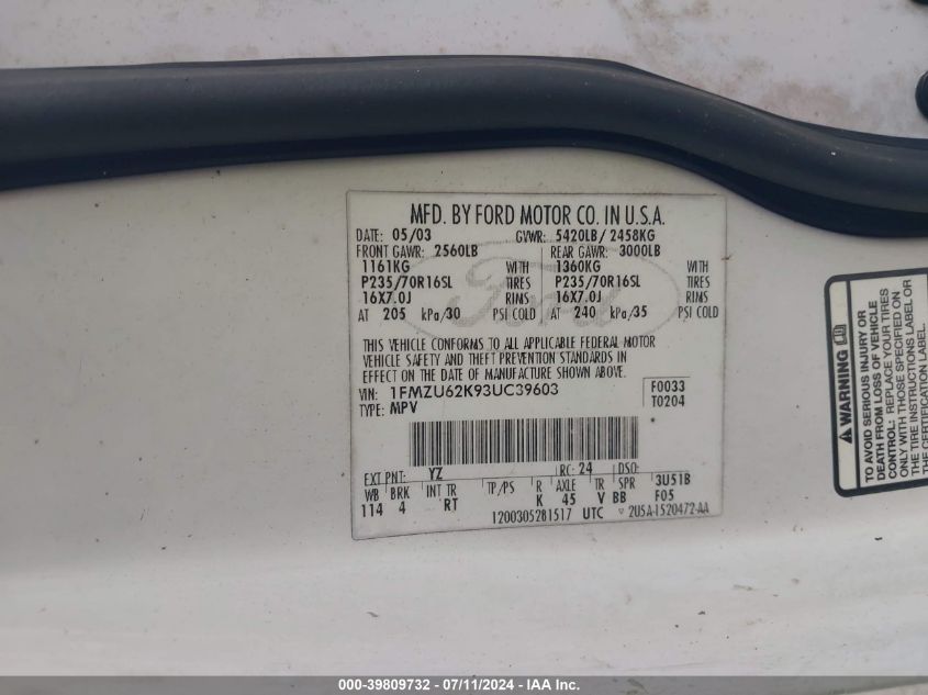 2003 Ford Explorer Xls VIN: 1FMZU62K93UC39603 Lot: 39809732