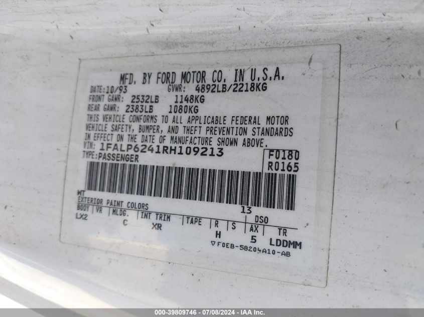 1994 Ford Thunderbird Lx VIN: 1FALP6241RH109213 Lot: 39809746