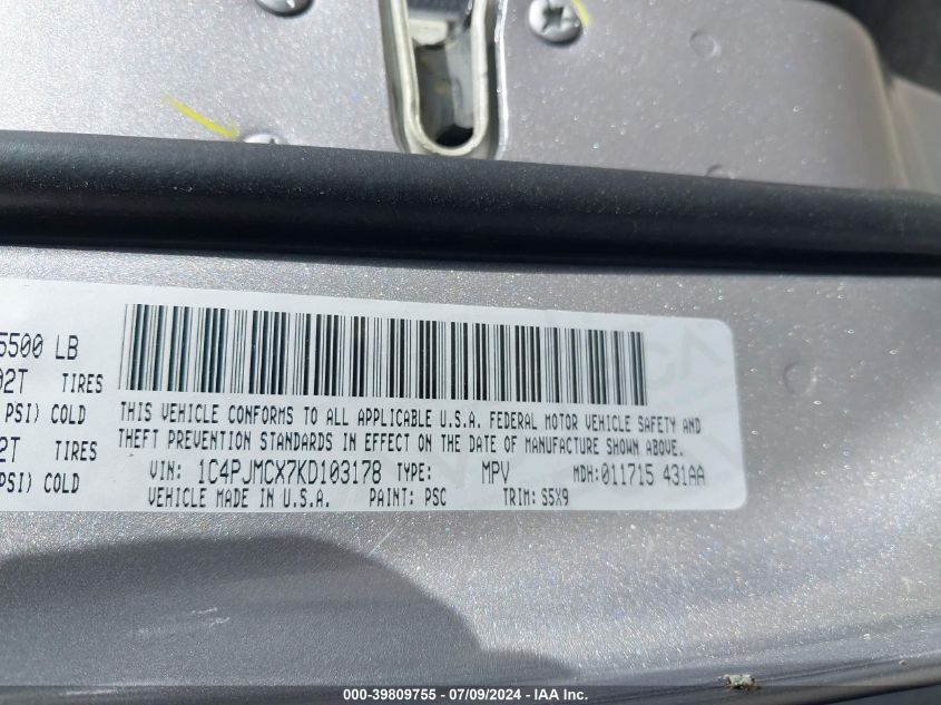 2019 Jeep Cherokee Latitude 4X4 VIN: 1C4PJMCX7KD103178 Lot: 39809755