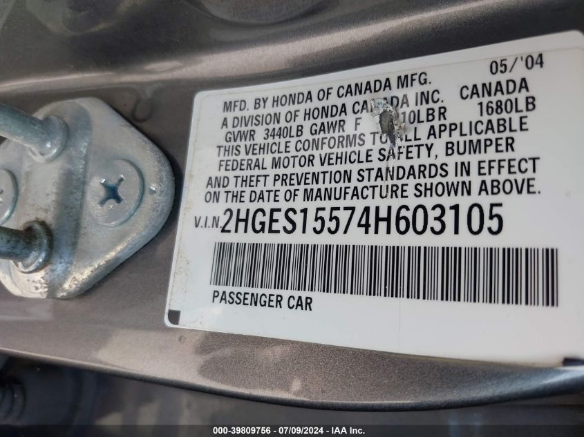 2004 Honda Civic Lx VIN: 2HGES15574H603105 Lot: 39809756