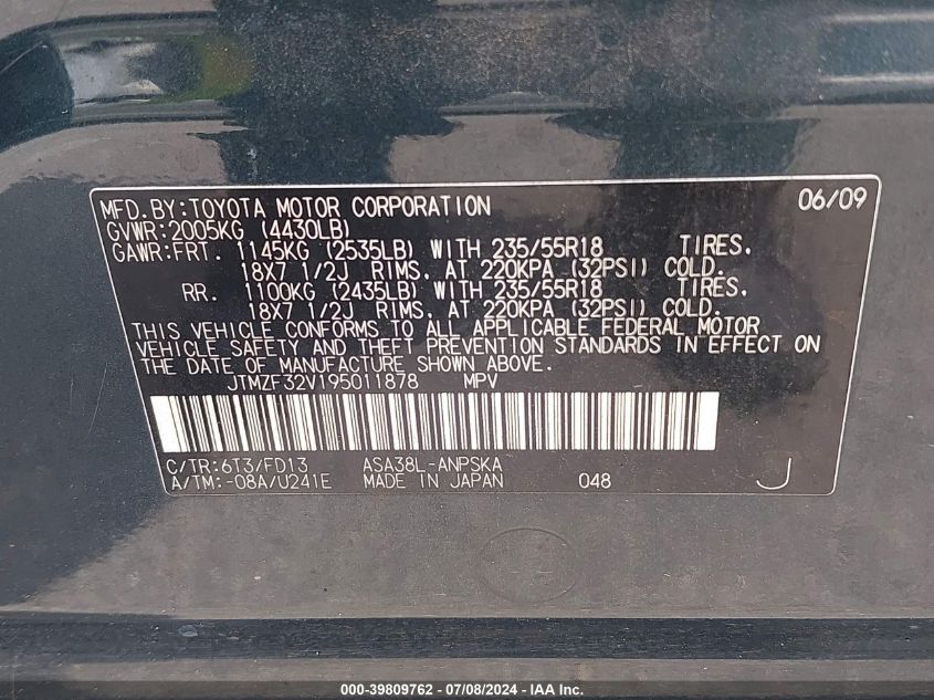 2009 Toyota Rav4 Sport VIN: JTMZF32V195011878 Lot: 39809762