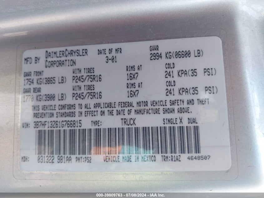 2001 Dodge Ram 1500 St VIN: 3B7HF13Z61G766815 Lot: 39809763