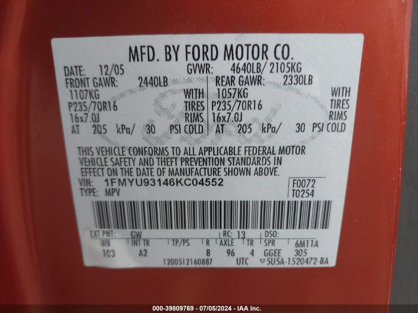 2006 Ford Escape Xlt/Xlt Sport VIN: 1FMYU93146KC04552 Lot: 39809769