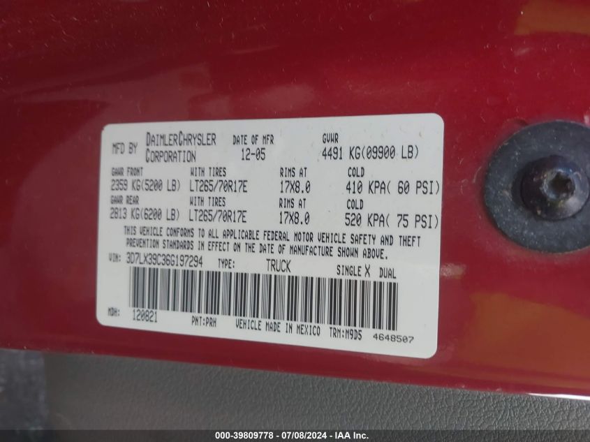 2006 Dodge Ram 3500 Slt VIN: 3D7LX39C36G197294 Lot: 39809778