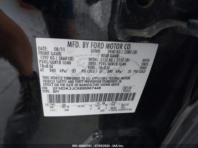 2011 Ford Edge Sel VIN: 2FMDK3JC6BBB67448 Lot: 39809781