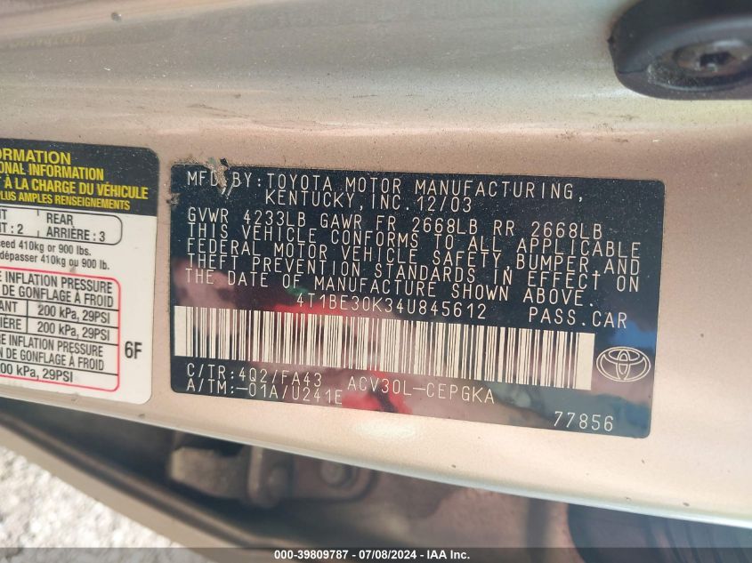 2004 Toyota Camry Xle VIN: 4T1BE30K34U845612 Lot: 39809787