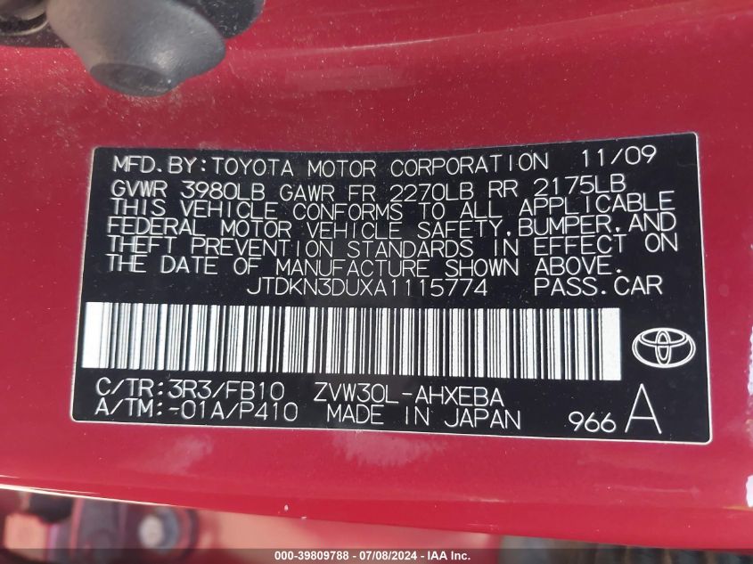 2010 Toyota Prius Iii VIN: JTDKN3DUXA1115774 Lot: 39809788