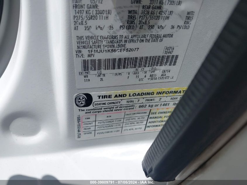 2012 Ford Expedition Limited VIN: 1FMJU1K56CEF52077 Lot: 39809791