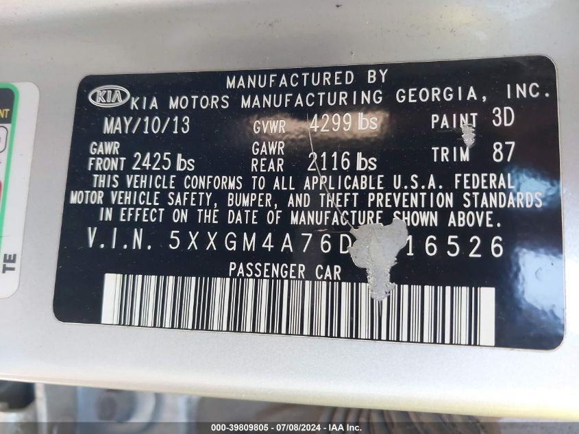 2013 Kia Optima Lx VIN: 5XXGM4A76DG216526 Lot: 39809805