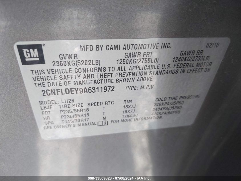 2010 Chevrolet Equinox Lt VIN: 2CNFLDEY9A6311972 Lot: 39809828