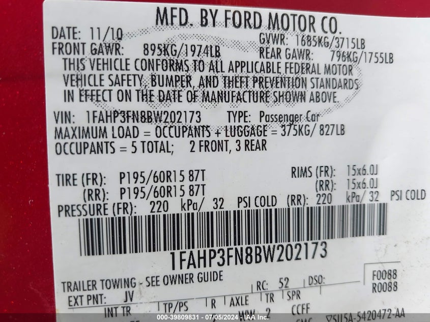 2011 Ford Focus Se VIN: 1FAHP3FN8BW202173 Lot: 39809831