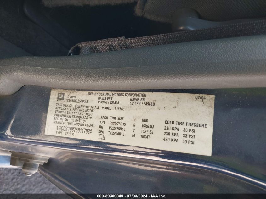 2005 Chevrolet Colorado Ls VIN: 1GCCS198758117024 Lot: 39809849