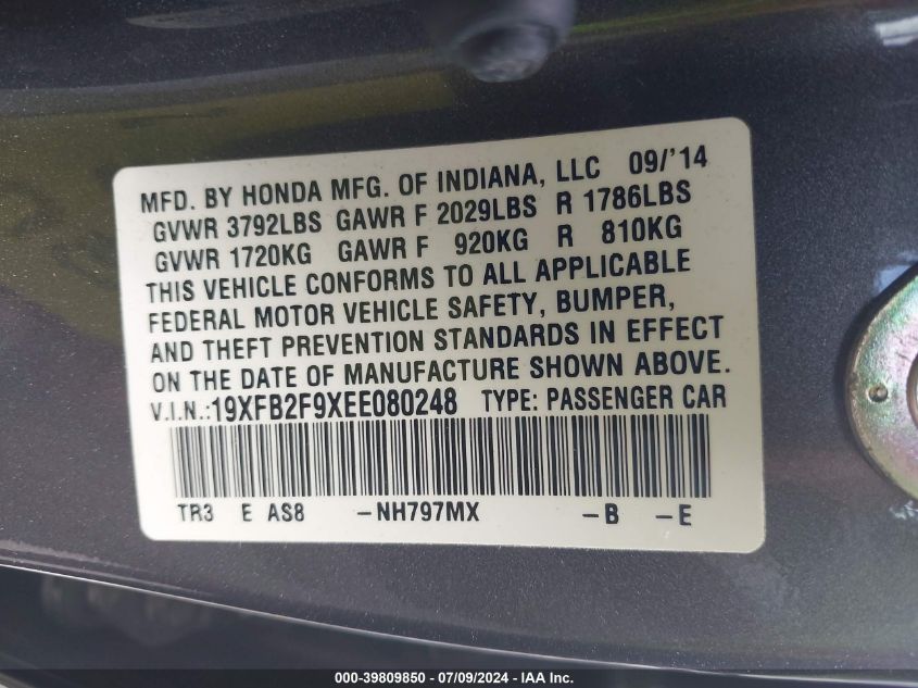 2014 Honda Civic Ex-L VIN: 19XFB2F9XEE080248 Lot: 39809850