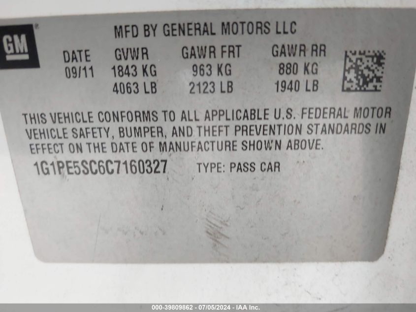 2012 Chevrolet Cruze Lt VIN: 1G1PE5SC6C7160327 Lot: 39809862