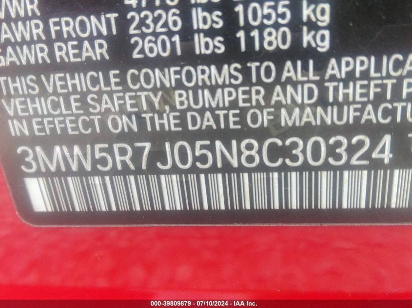 2022 BMW 330Xi VIN: 3MW5R7J05N8C30324 Lot: 39809879