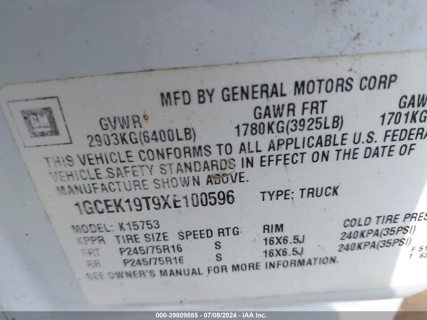 1999 Chevrolet Silverado 1500 Ls VIN: 1GCEK19T9XE100596 Lot: 39809885