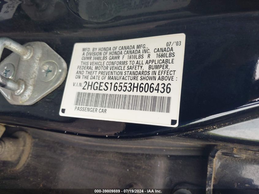2003 Honda Civic Lx VIN: 2HGES16553H606436 Lot: 39809889