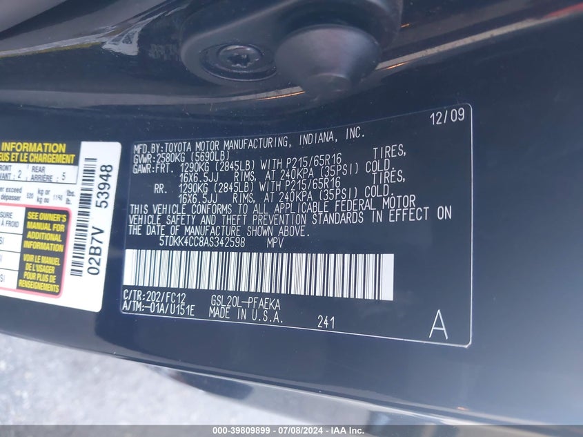 2010 Toyota Sienna Le VIN: 5TDKK4CC8AS342598 Lot: 39809899