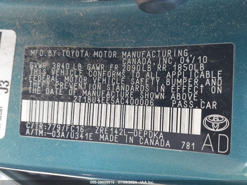 2010 Toyota Corolla Le VIN: 2T1BU4EE5AC400006 Lot: 39809916