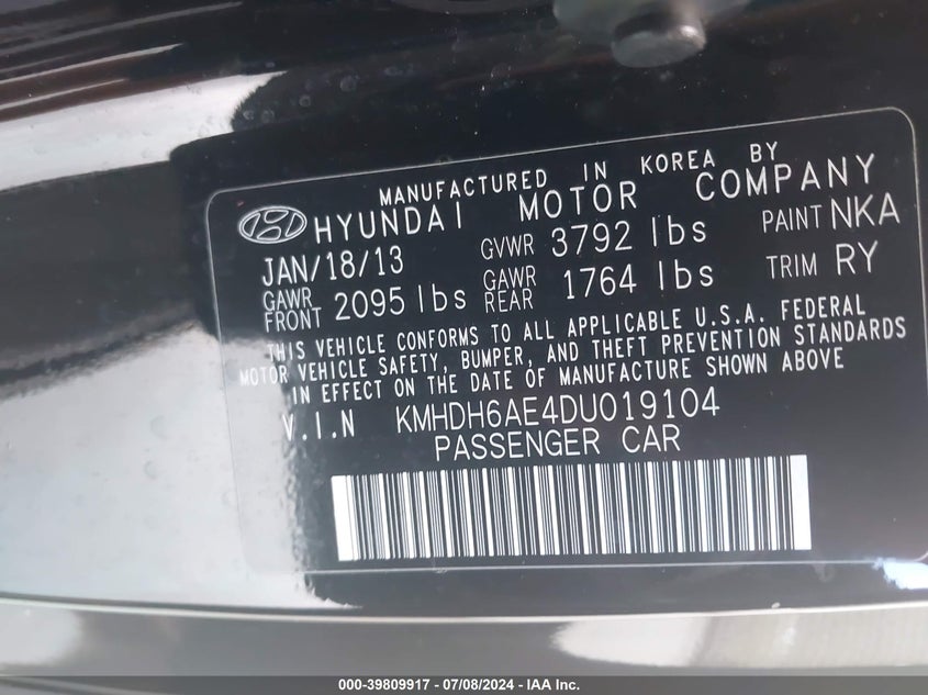 2013 Hyundai Elantra Gs/Se VIN: KMHDH6AE4DU019104 Lot: 39809917