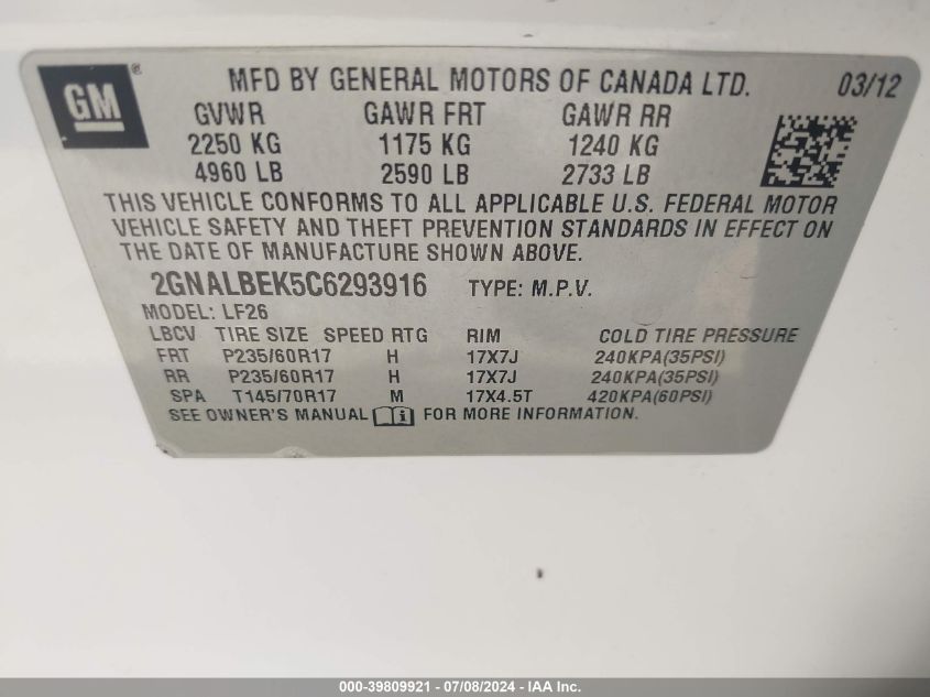 2012 Chevrolet Equinox Ls VIN: 2GNALBEK5C6293916 Lot: 39809921