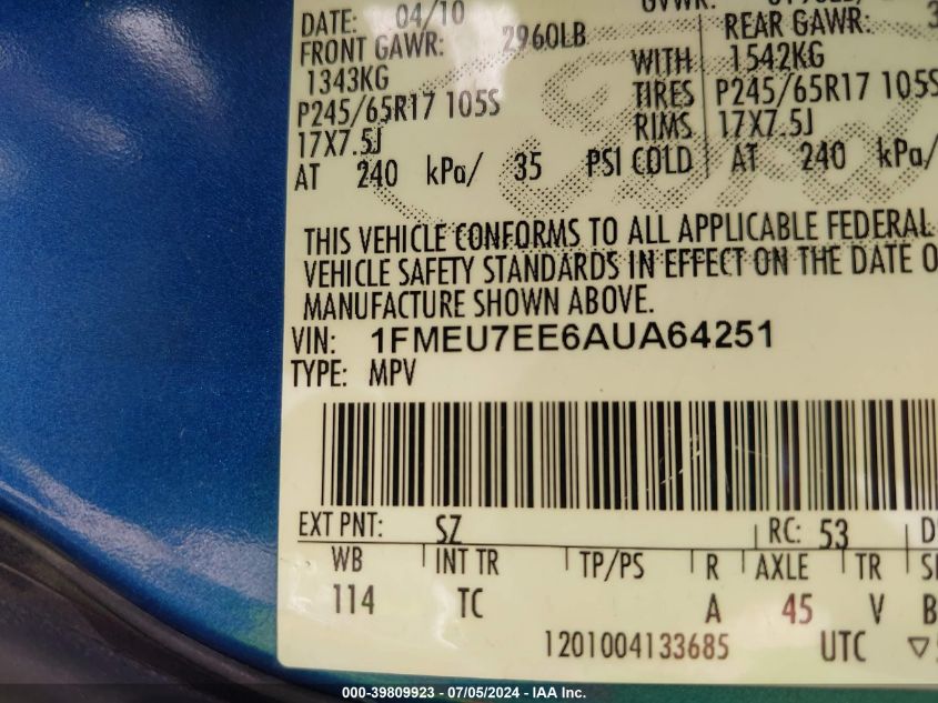 2010 Ford Explorer Eddie Bauer VIN: 1FMEU7EE6AUA64251 Lot: 39809923