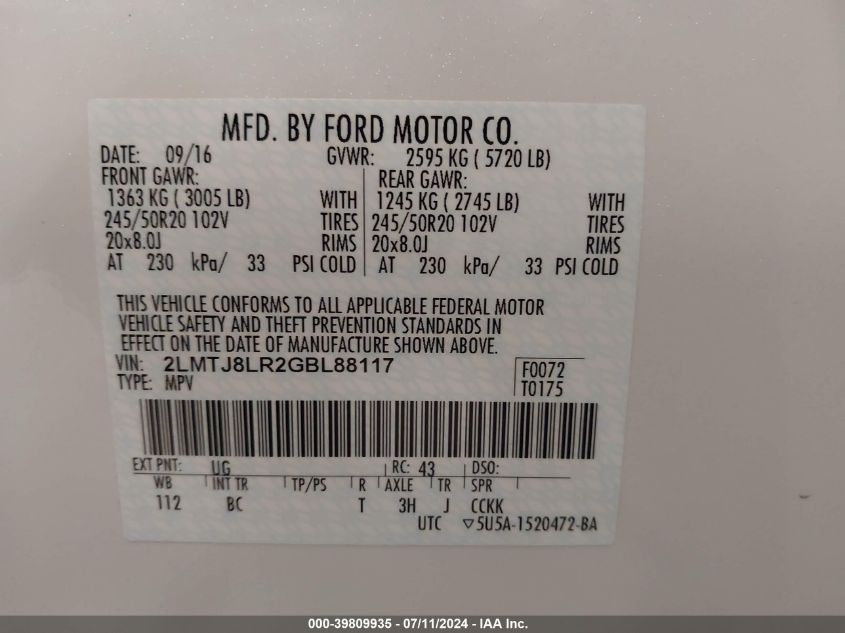 2016 Lincoln Mkx Reserve VIN: 2LMTJ8LR2GBL88117 Lot: 39809935