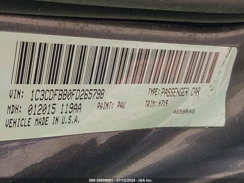 2015 Dodge Dart Sxt VIN: 1C3CDFBB0FD265798 Lot: 39809951