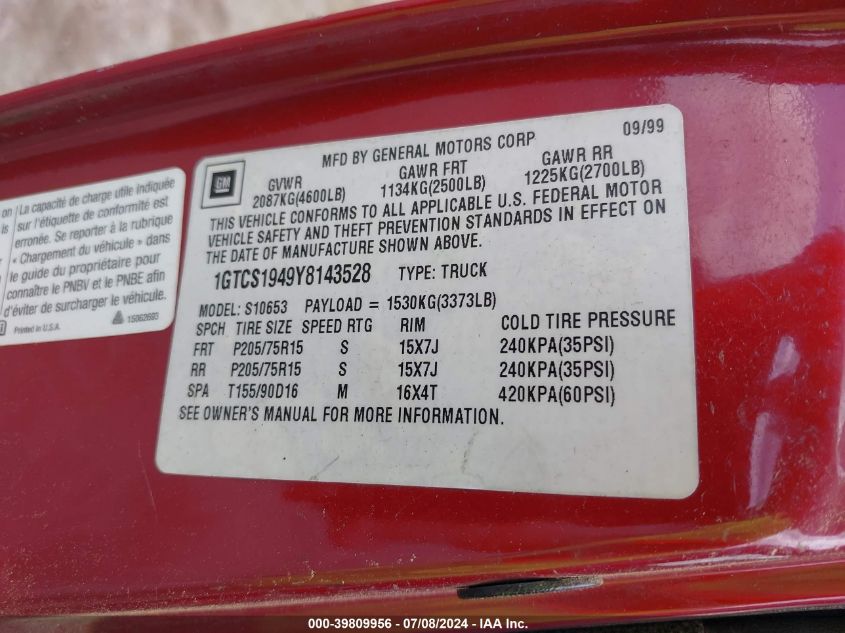 2000 GMC Sonoma Sls VIN: 1GTCS1949Y8143528 Lot: 39809956