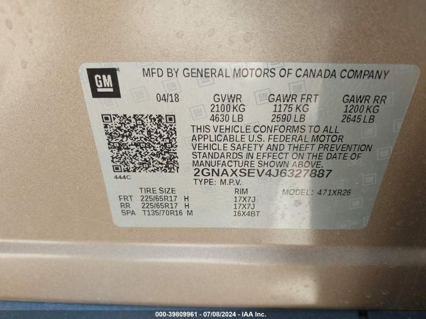 2018 Chevrolet Equinox Lt VIN: 2GNAXSEV4J6327887 Lot: 39809961