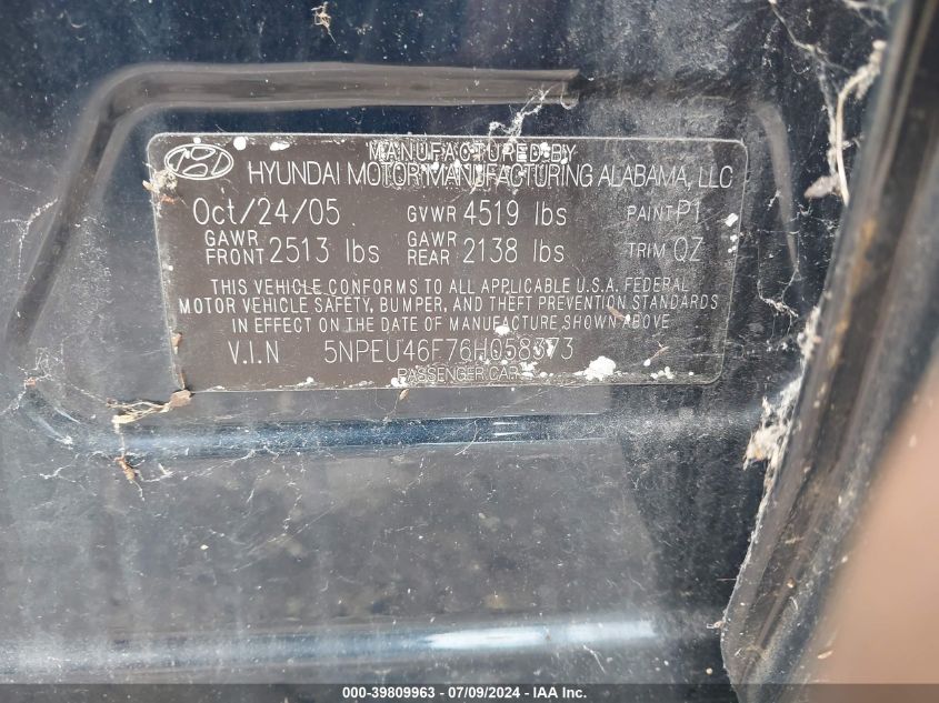 2006 Hyundai Sonata Gls/Lx VIN: 5NPEU46F76H058373 Lot: 39809963