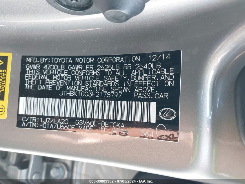 2015 Lexus Es 350 VIN: JTHBK1GG3F2178797 Lot: 39809982