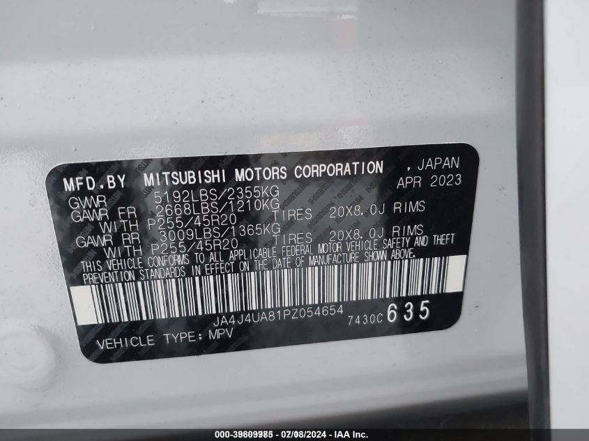 2023 Mitsubishi Outlander Se 2.5 S-Awc VIN: JA4J4UA81PZ054654 Lot: 39809985