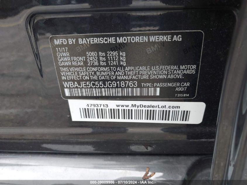 2018 BMW 540I VIN: WBAJE5C55JG918763 Lot: 39809986
