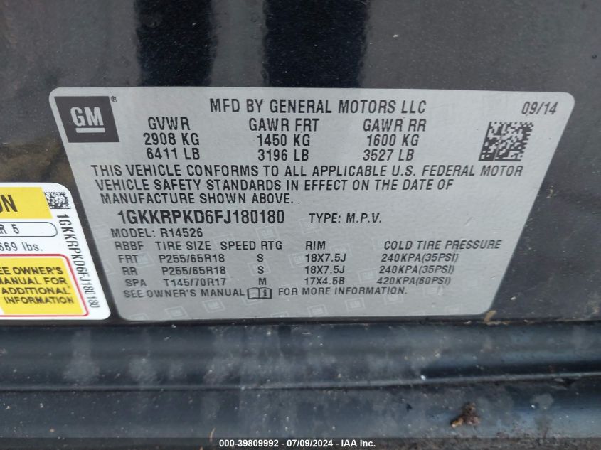 2015 GMC Acadia Sle-2 VIN: 1GKKRPKD6FJ180180 Lot: 39809992