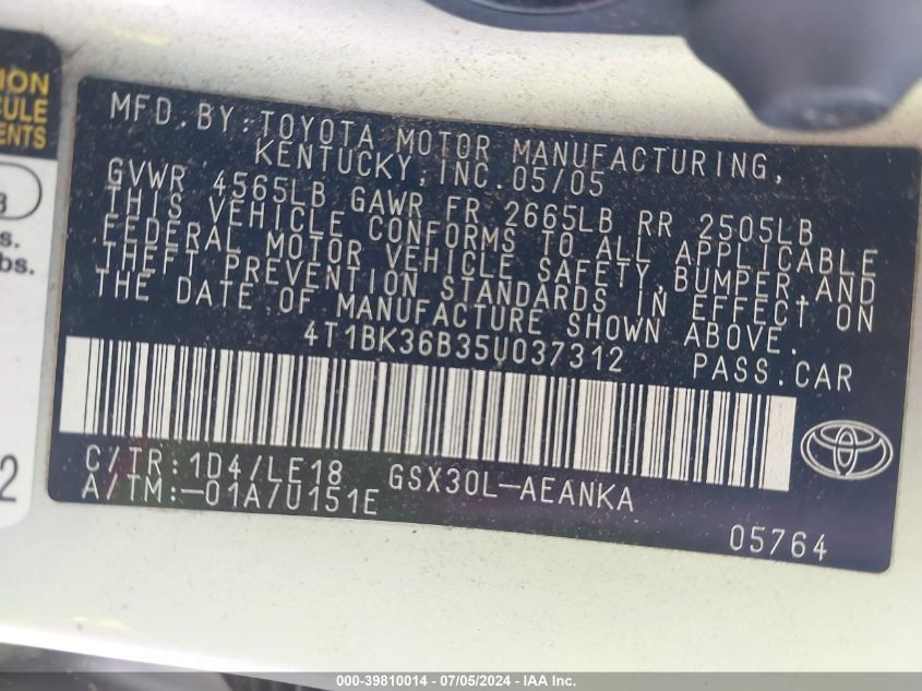 2005 Toyota Avalon Touring VIN: 4T1BK36B35U037312 Lot: 39810014