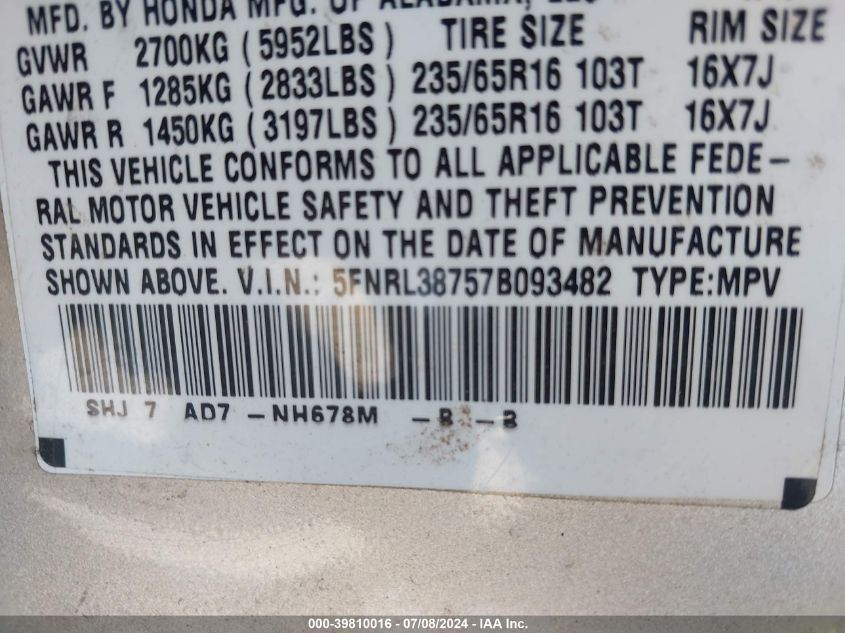 2007 Honda Odyssey Ex-L VIN: 5FNRL38757B093482 Lot: 39810016