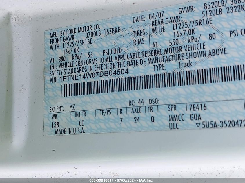 2007 Ford E-150 Commercial/Recreational VIN: 1FTNE14W07DB04504 Lot: 39810017