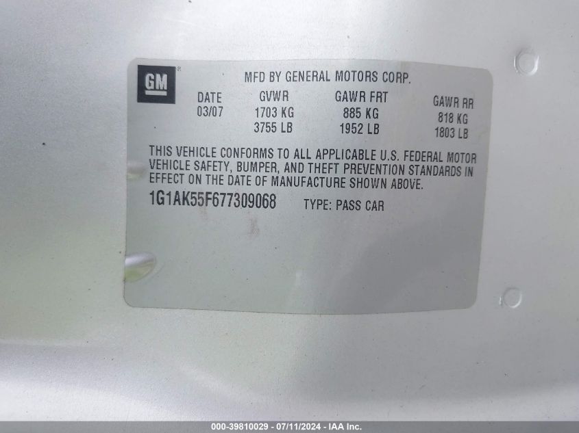 2007 Chevrolet Cobalt Ls VIN: 1G1AK55F677309068 Lot: 39810029