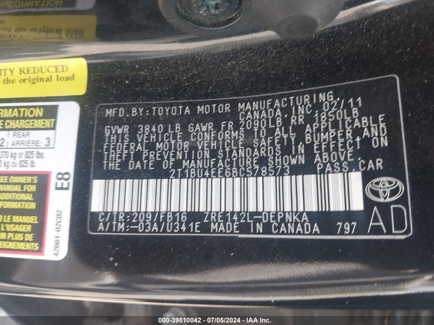 2011 Toyota Corolla Le VIN: 2T1BU4EE6BC578573 Lot: 39810042