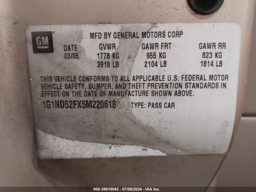 2005 Chevrolet Classic VIN: 1G1ND52FX5M220618 Lot: 39810043