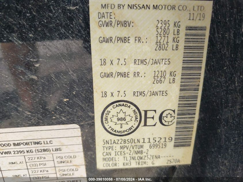 2020 Nissan Murano Sv Intelligent Awd VIN: 5N1AZ2BS0LN115219 Lot: 39810058