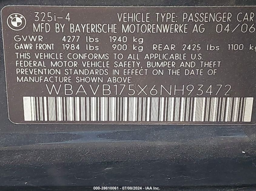 2006 BMW 325I I Automatic VIN: WBAVB175X6NH93472 Lot: 39810061
