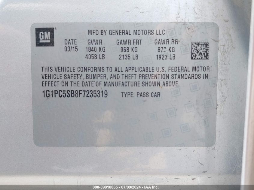 2015 Chevrolet Cruze 1Lt Auto VIN: 1G1PC5SB8F7235319 Lot: 39810065