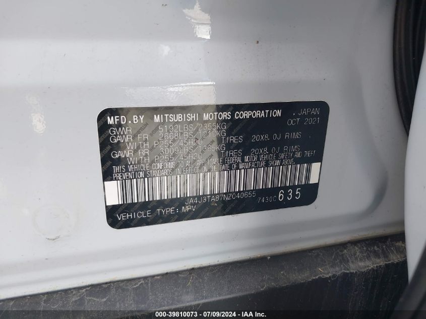 2022 Mitsubishi Outlander Es 2.5 2Wd VIN: JA4J3TA87NZ040655 Lot: 39810073