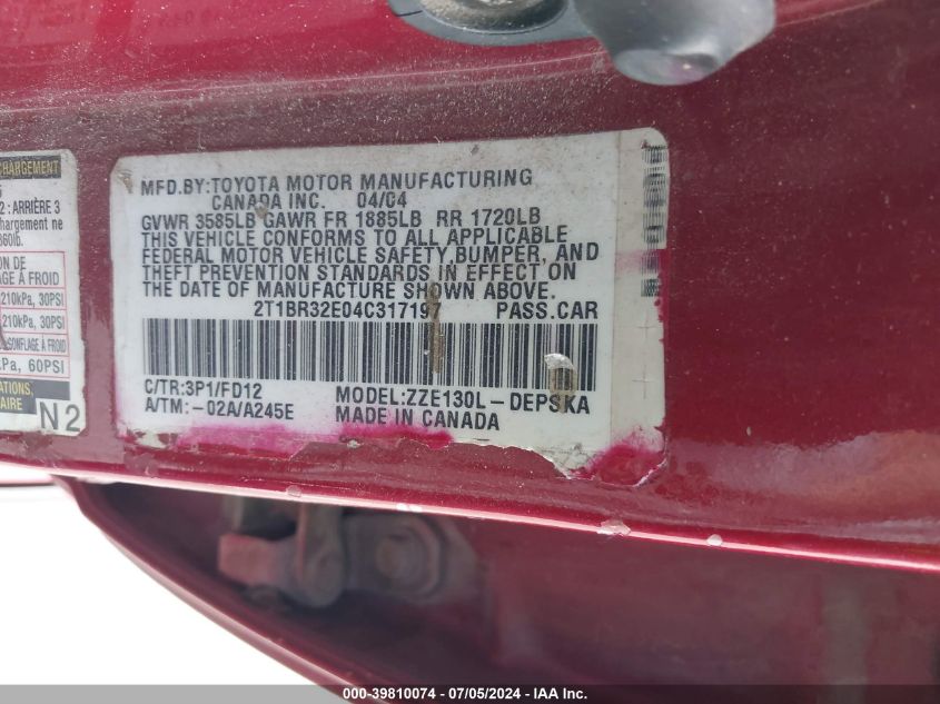 2004 Toyota Corolla S VIN: 2T1BR32E04C317197 Lot: 39810074