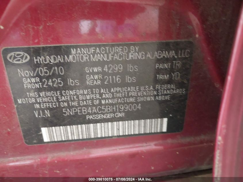 2011 Hyundai Sonata Gls VIN: 5NPEB4AC5BH199004 Lot: 39810075